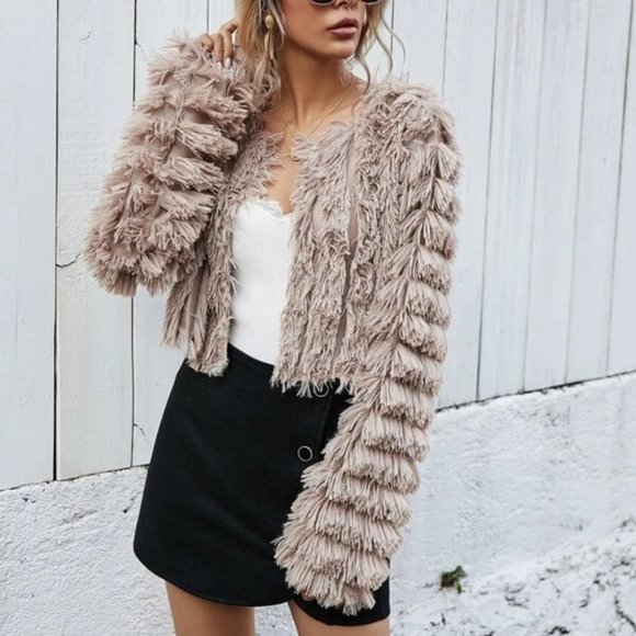 Open Front Fuzzy Faux fur Crop Coat Tan - Picture 5 of 8
